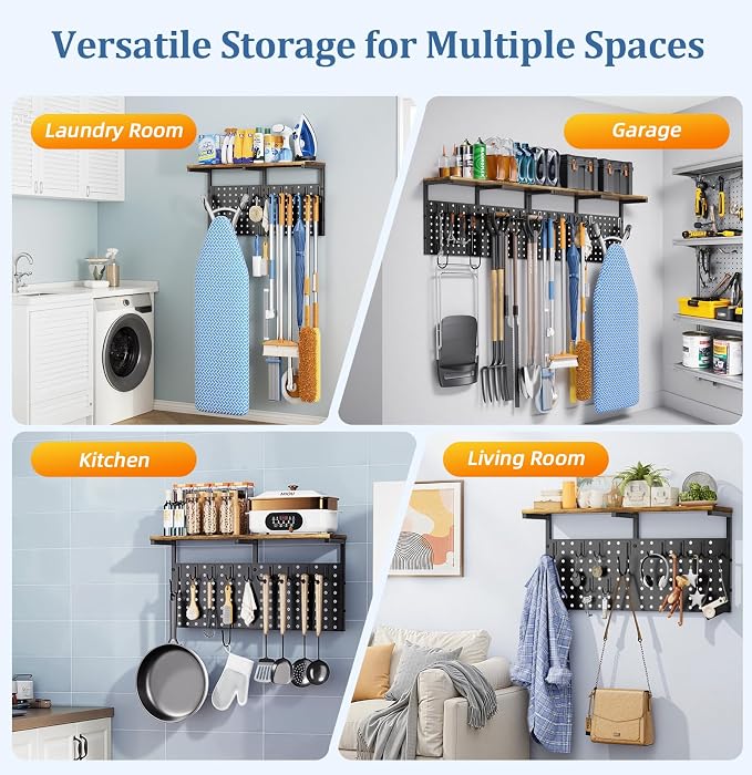 Ironing Board Hanger Wall Mount, Large Storage Iron and Ironing Board Holder, Laundry Room Storage Shelves with Ironing Board Broom Mop Holder, Laundry Accessories Organization and Storage Organizer