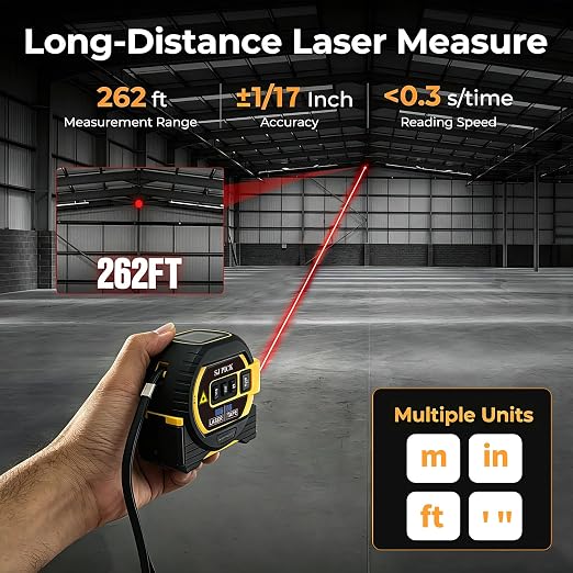 Voice Intelligent Tools Tape Measure 3-in-1 Laser Digital Measuring Tape Ruler-LCD Backlight 5M/16Ft Tape & Laser 80m/262Ft Rangefinder,Crosshairs Markings,Data Storage (Yellow, 80m/262ft)