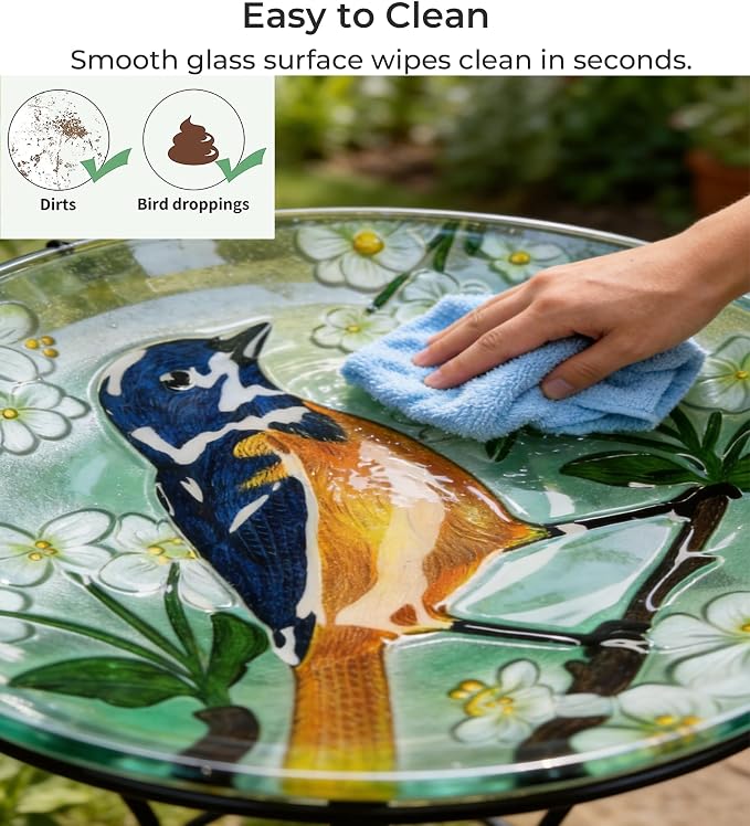 Large Glass Bird Bath with Metal Stand, Baltimore Oriole | 18" Wide Bowl, 3.2" Bathing Depth, Thick Glass Construction, Stable 3-Leg Base, Easy Clean Surface, Garden Decor