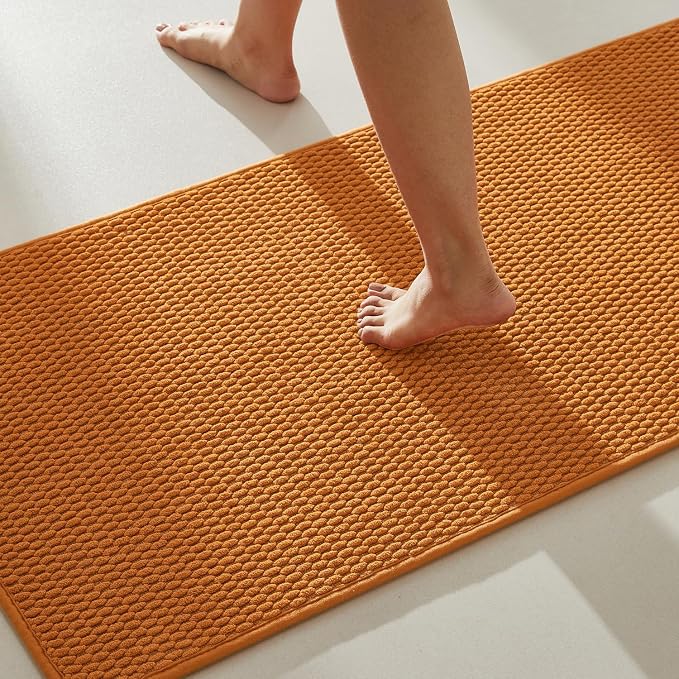 TYUU Bathroom Rugs Non Slip Washable, Super Absorbent Thin Bath Mat Quick Dry Low Pile Bathroom Rug, Orange 20"x48"
