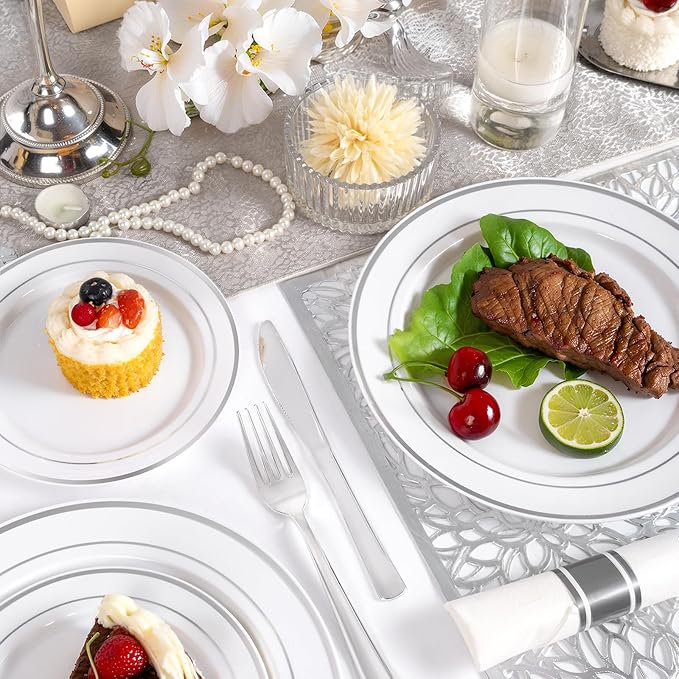 WDF Partyware 175PCS Sliver Plastic Plates - Silver Plates Disposable - White Plate with Silver Trim 25Guests Plastic Dinnerware Sets with Rolled Napkins for Wedding Baby Shower Spring Birthday