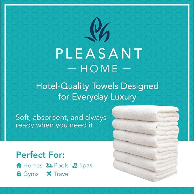 Pleasant Home Bath Towels Set of 6 (24” x 50”) 100% Cotton, 515 GSM | Lightweight, Soft & Highly Absorbent Luxury Towels for Bathroom | for Gym, Pool & Spa | 6 Pack, White