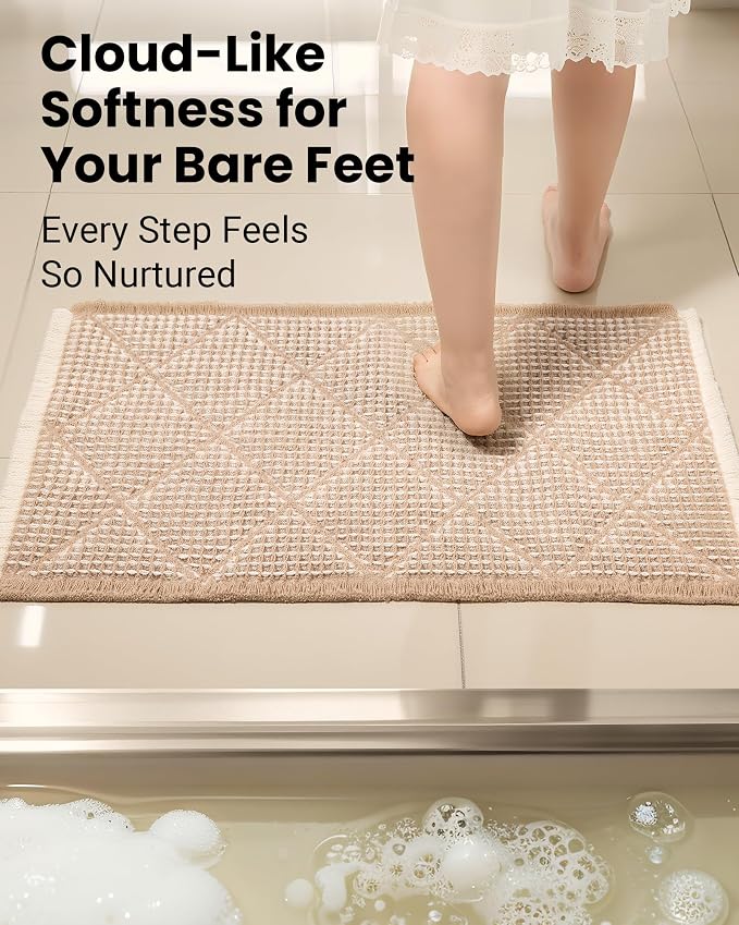 Furicher Waffle Bath Mat Set, Non Slip Bathroom Rugs Sets 2 Piece, Ultra Absorbent Long Bath Rug Runner for Bathroom Boho Chic Decor, Machine Washable Floor Mats, Brown & White, 20"×47" Plus 18"×30"