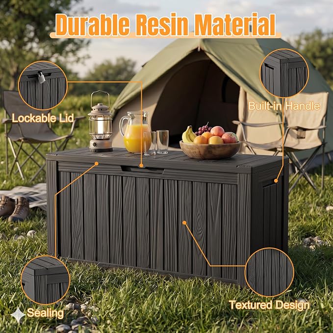 Outdoor Storage Box, 140 Gallon Waterproof Resin Deck Box with Support Rod | UV Resistant Lockable Package Delivery Bin, Shoe, Patio & Garden Tools Storage, Toy Cabinet, Ottoman, Indoor/Outdoor