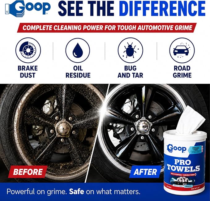 GOOP Pro Towels Heavy-Duty Multi-Surface Cleaning Wipes – Removes Engine Grease, Grime & Paint – Safe for Tools, Machinery & Painted Surfaces – 90 Extra Large 10" x 12" Towels (Pack of 6)