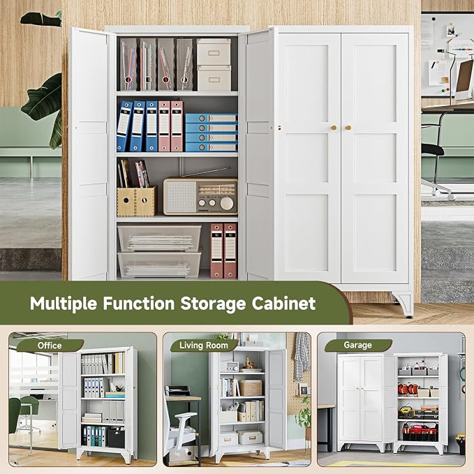 Metal Storage Cabinet with Doors and Shelves,47.3" H Bathroom Floor Kitchen Pantry Utility Cupboard Dining Home Office/Garage Organizers,White