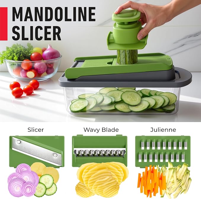 MUELLER HOME Pro-Series 10-in-1, 8 Blade Vegetable Chopper, Onion Mincer, Cutter, Dicer, Egg Slicer with Container, French Fry Cutter Potato Slicer, Home Essentials, Salad Chopper,Gray/Green