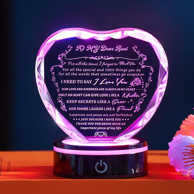 Gifts for Aunt, Auntie Gift Ideas, Heart-Shaped Crystal Keepsake with Light Base, Birthday, Thanksgiving Day, Christmas Gift for Aunt from Nephew, Best Aunt Ever Gifts