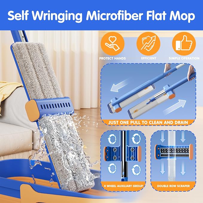 16.5" Self Wringing Flat Mop with Collapsible Bucket, Wet Dry Floor Cleaner System with 55" Long Handle, Foldable Bucket & 5 Microfiber Pads for Hardwood, Tile and Wall