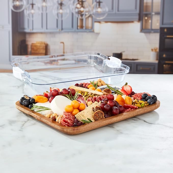 Farberware Acacia Wood Cutting Board with Clear Locking Lid, 11x14 Inch Charcuterie Board with Compartments, Reversible Serving Board for Cheese, Meats, Fruits and Snacks - Make It, Take It, Enjoy It