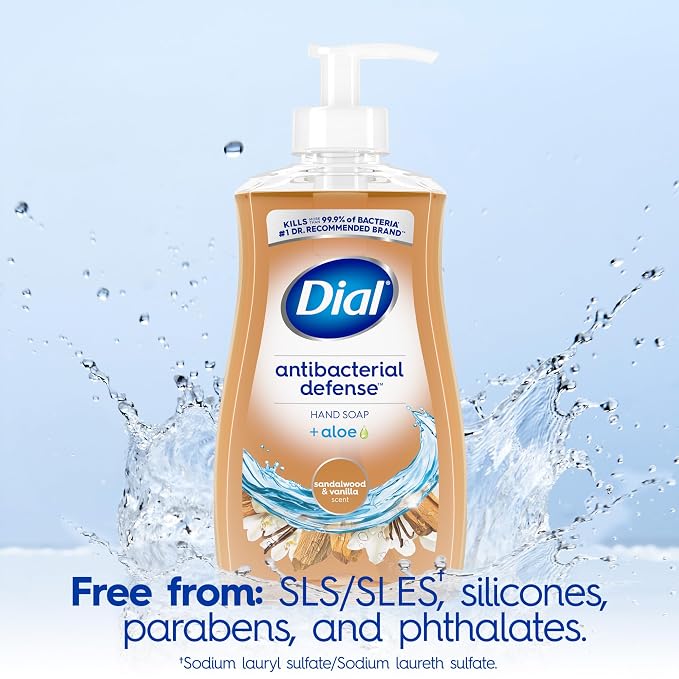 Dial Antibacterial Defense Liquid Hand Soap + Aloe, Sandalwood & Vanilla Scent, 11 Fl Oz (Pack of 12), Dermatologist-Tested Hand Wash, Gentle Formula