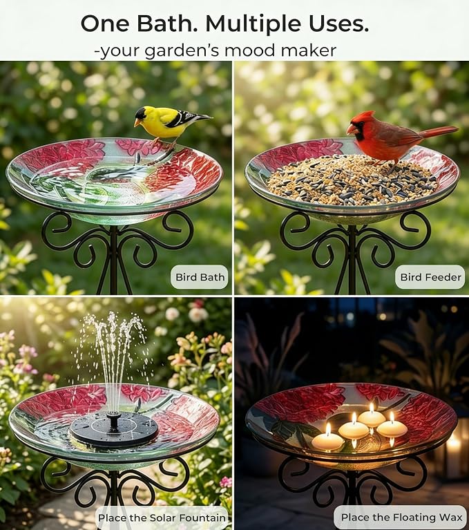 Large Glass Bird Bath with Metal Stand, Hummingbird | 18" Wide Bowl, 3.2" Bathing Depth, Thick Glass Construction, Stable 3-Leg Base, Easy Clean Surface, Garden Decor