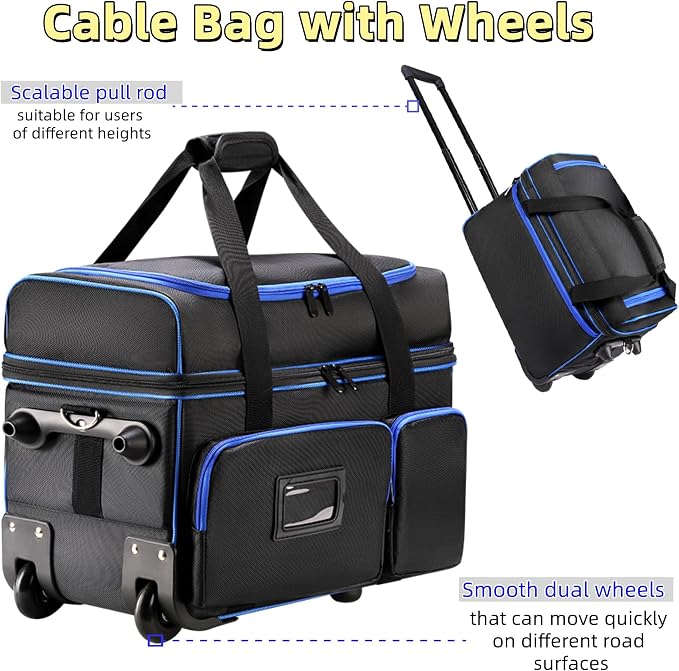 DJ Cable Organizer Bag with Wheels,Soft Gig Bag for DJ Equipment with 9 Detachable Dividers, Medium Padded Soft Storage Case with Multiple Pockets for Microphone, Cord, Headset & Music Accessories