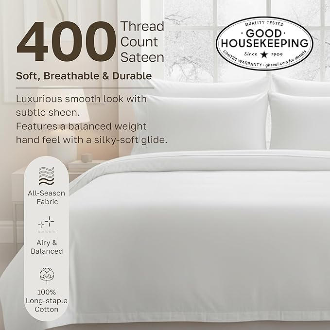 California Design Den Stripe Duvet Cover Queen Size, 400 Thread Count Sateen 100% Cotton Comforter Cover, 2 Pillow Shams, 3-Pc Bedding Set, Button Closure, Corner Ties (White Stripes, Full/Queen)