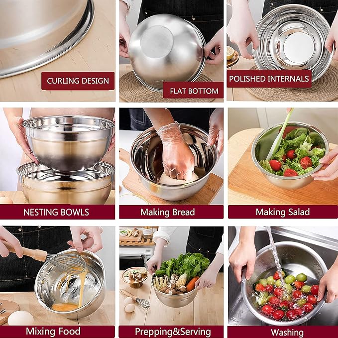 MIKULA Mixing Bowls Set, 22PCS Large Stainless Steel Mixing Bowl with Lids Set, Large Nesting Bowls 7/6/4.5/3.5/2.5QT, Measuring Cups and Spoons Baking Storage Metal Bowl for Kitchen Prep Supplies