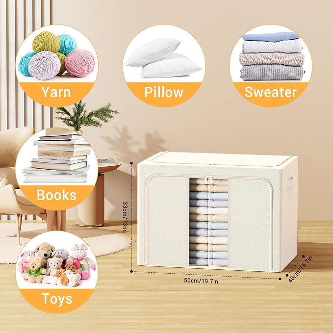 Clothes Storage Bins with Metal Frame, Foldable Clothes Organizers Storage Containers for Clothes, Sheets, Blankets, Pillows and Towels (66L, 3 Pack) Beige