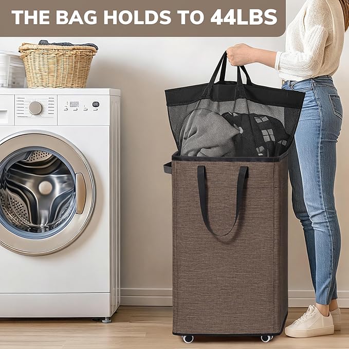 Goodpick Laundry Basket with Wheels, 75L Collapsible Laundry Baskets with Removable Wash Bag, Clothes Laundry Hamper on Wheels, Light Brown