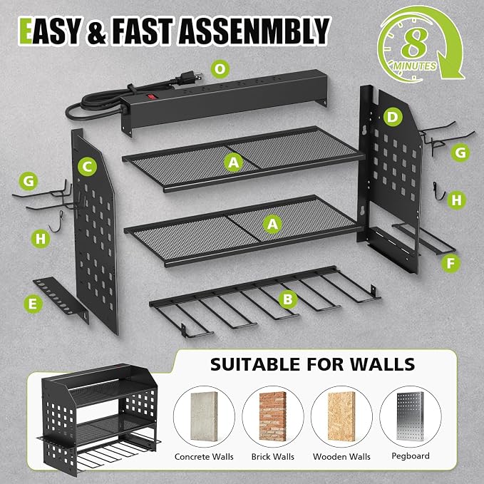SUNALLY Power Tool Organizer Wall Mount with Charging Station,3 Layer Heavy Duty Metal Tool Storage Rack with 4 Drill Holders, Power Tool Shelf for Garage, Warehouse, Workshop, Gifts for Men, Husband