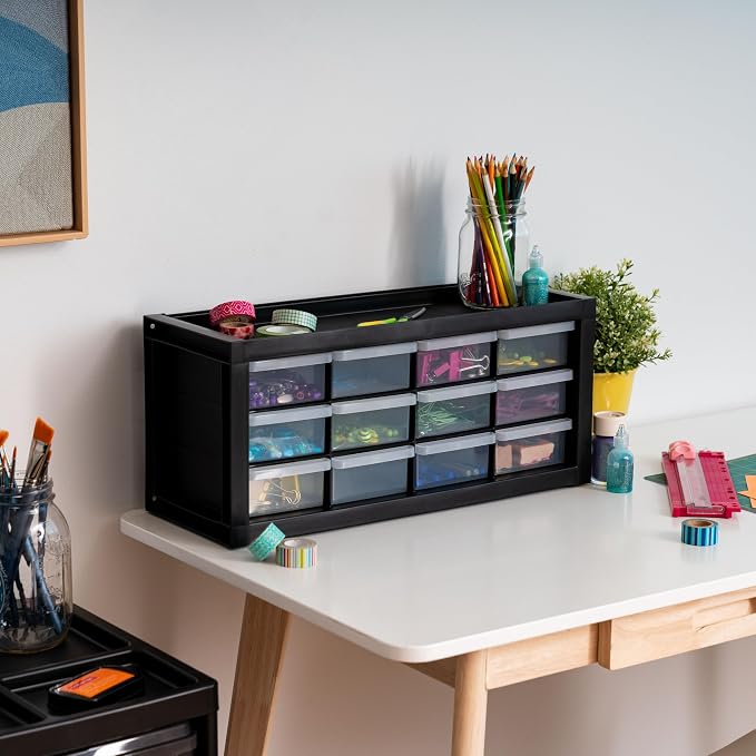IRIS USA 12-Drawer Desk Storage Organizer, Made in USA, Small Parts Plastic Storage Drawers, Water Packet, Jewelry, Make up, Craft Supplies, Building Blocks, Charms, Nuts & Bolts, Black