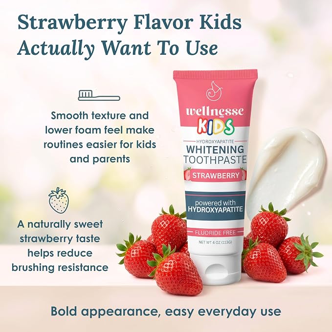 Hydroxyapatite Toothpaste, Whitening, Fluoride Free, Strawberry 4 Oz 3-Pack | Wellnesse Kids, Toddlers or Children, SLS Free, Xylitol Formula, Gentle Enamel Care, Fresh Breath and Daily Brushing Habits