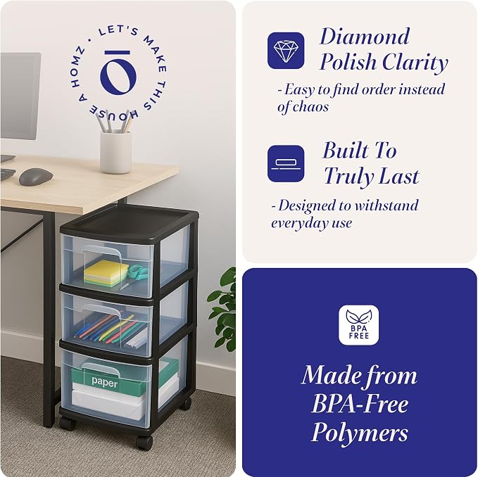 HOMZ 2-Pack Drawer Tower, 3-Tier Clear Plastic Storage Organizer Cart, Black Frame - Organizing Containers with Wheels for Home, Bathroom, Bedroom, Office, and Classroom