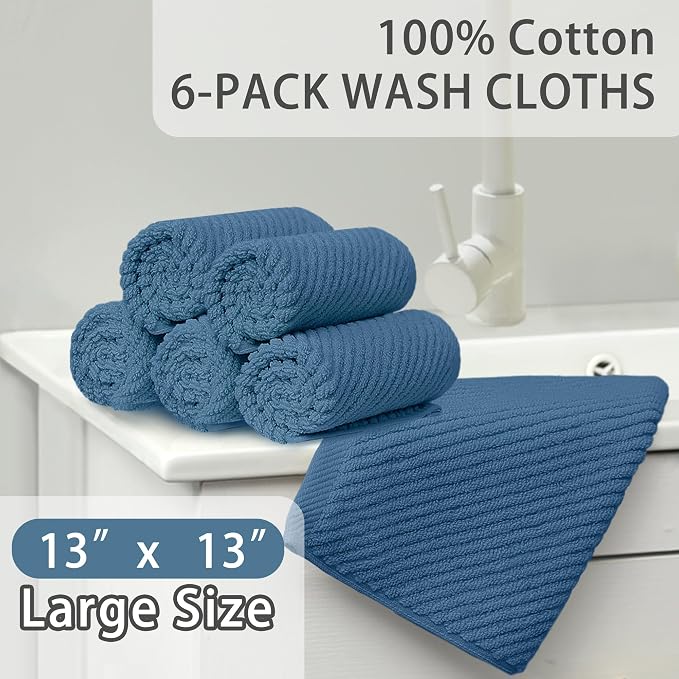 VOOVA & MOVAS Washcloths 6PC, 100% Cotton, 13x13 in, Denim Blue | Thick, Quick Dry, Soft, Absorbent, Wash Cloths For Your Face And Body, Bathroom Essentials