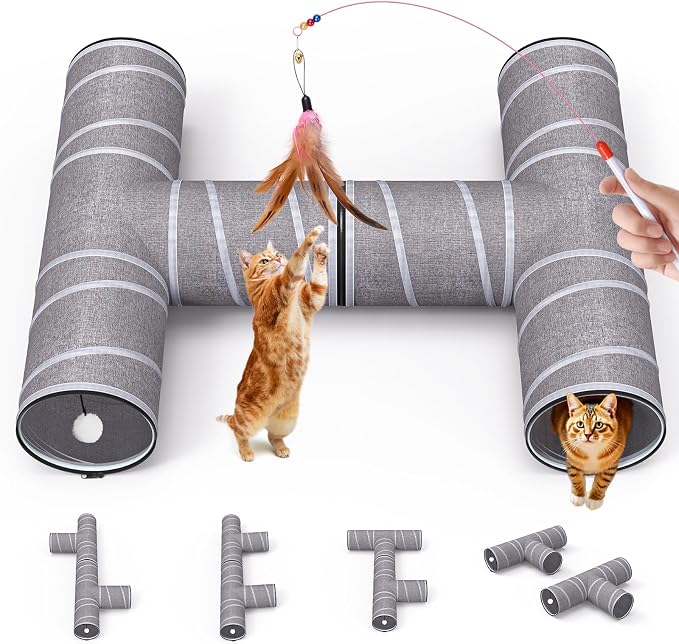 PETOCAT Cat Tunnel 4 Way with Teaser Wand & 2 Plush Ball, 5 Shapes Available, 54/80.7" L, H-Shaped Collapsible Pet Play Tube Maze for Kitten Puppy Bunny Ferret Rabbit, Indoor/Outdoor Peekaboo Cave