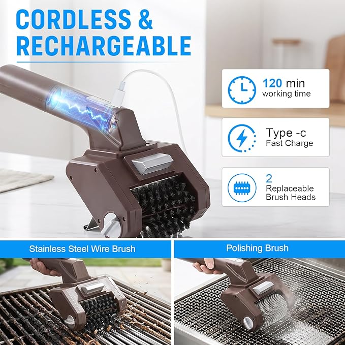 Electric Grill Brush, 350 RPM BBQ Automatic Grill Cleaner with 2 Replace Cleaning Heads, 2600mAh Battery Power Grill Scrubber for Outdoor Flat Top, Cast Iron, Barbecue Grates, Brown