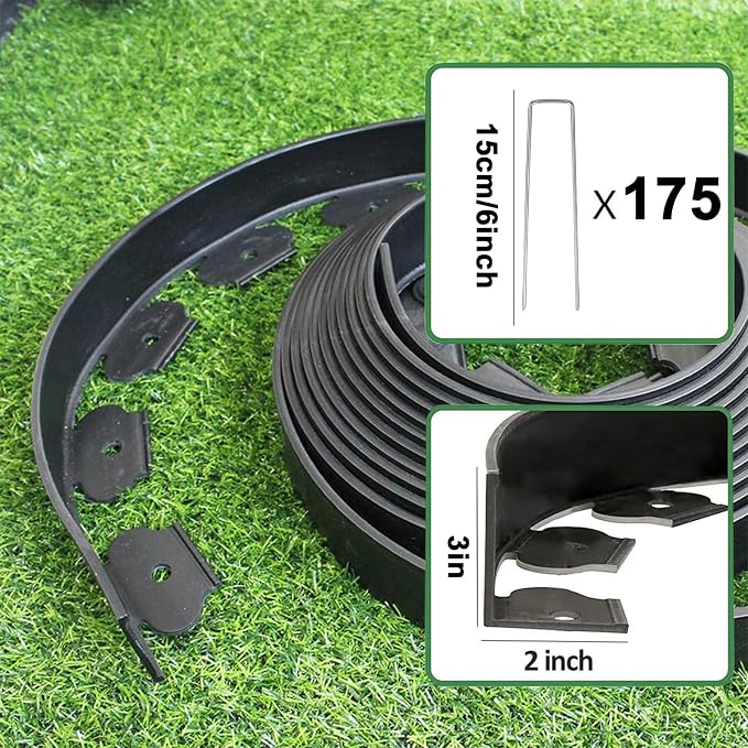 Landscape Edging 3in*115FT,Garden Edging Border with 175 Pcs Metal Spikes | Flexible Lawn Edging for Landscape, Garden, Flower Beds, Lawn, Yard, Pathway, Paver Edge-Black