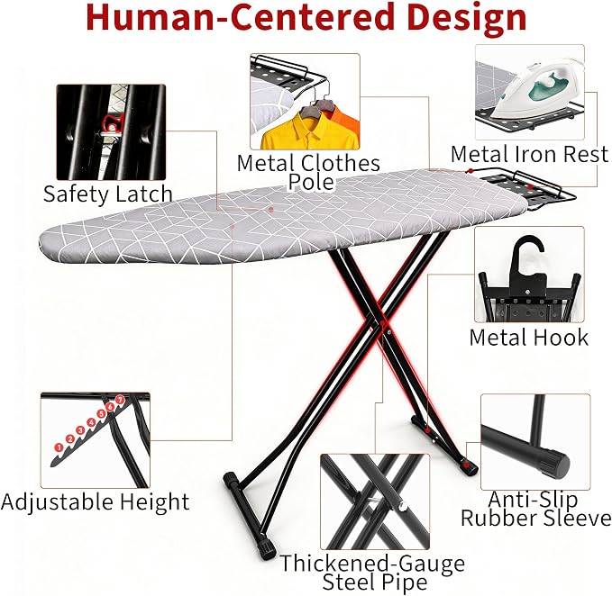 Ironing Board, 43"×13" with Iron Rest, 4 Layer & 7 Adjustable Height Sturdy | Iron Board with Bulit-in Hook and Hanger Bar, Heat Resistant Cover and Pad for Home Dorm Apartment Laundry Room, Gray