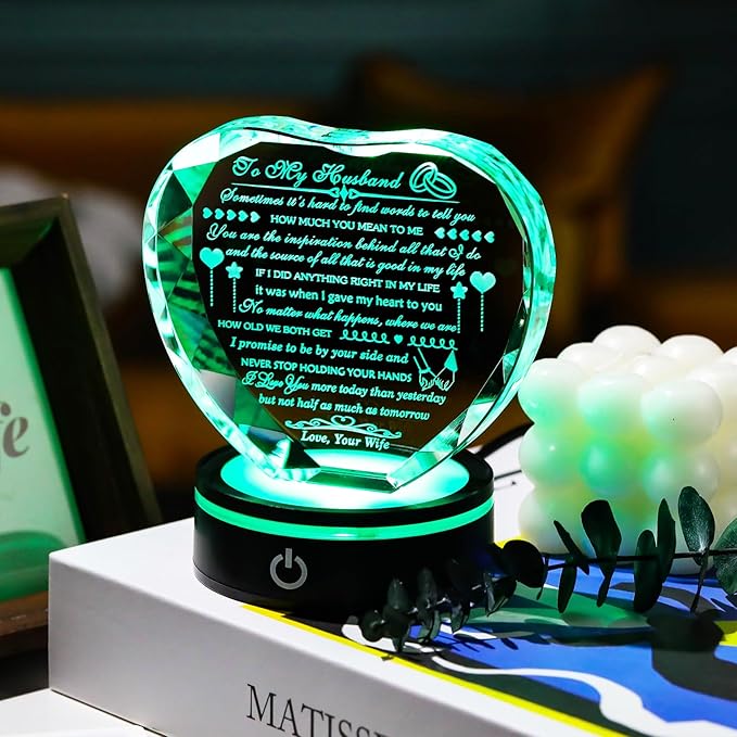 Gifts for Husband with Colorful LED Base Romantic Anniversary Wedding Gifts for Men Crystal Heart to My Husband Birthday Gift from Wife I Love You Gifts for Him on Valentine's Fathers Day Christmas