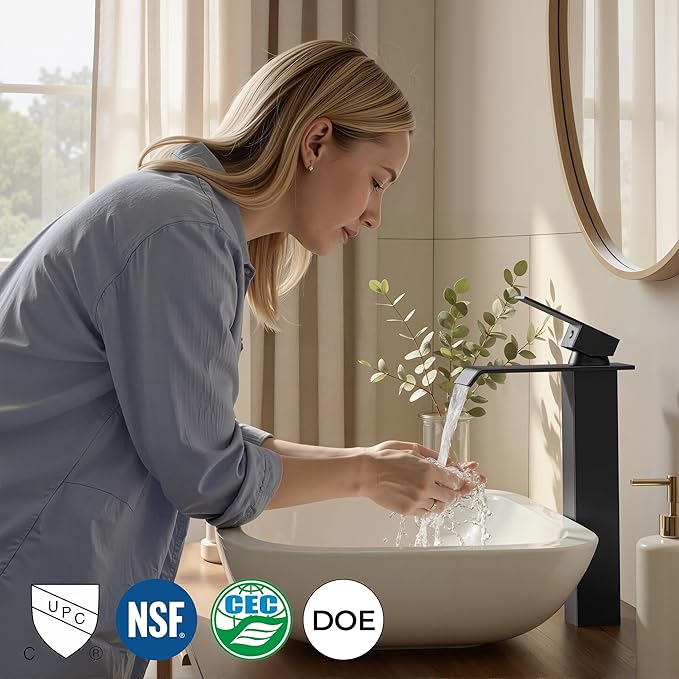 FORIOUS Matte Black Vessel Bathroom Sink Faucets 1 Hole, Tall Waterfall Bathroom Faucet Single Handle with Pop Up Drain and Supply Lines, Deck Mount