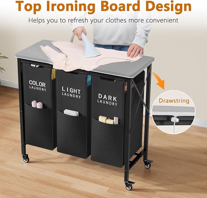 Gewudraw 3 Section Laundry Sorter with Ironing Board, Black | Laundry Sorter with Removable Bags, Heavy-Duty Rolling Laundry Cart, Lockable Wheels, For Bathroom, Bedroom