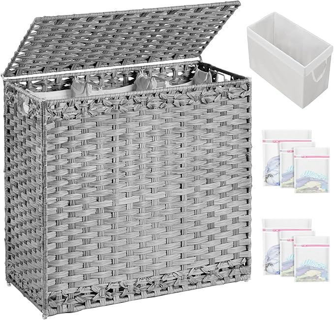 SETVSON Laundry Hamper with Lid Laundry Basket 132 L PE Rattan, Gray | 35 Gal PE Rattan Hamper with Lid, 4 Removable Washable Liners, 6 Mesh Laundry Bags, Steel Frame, Side Handles