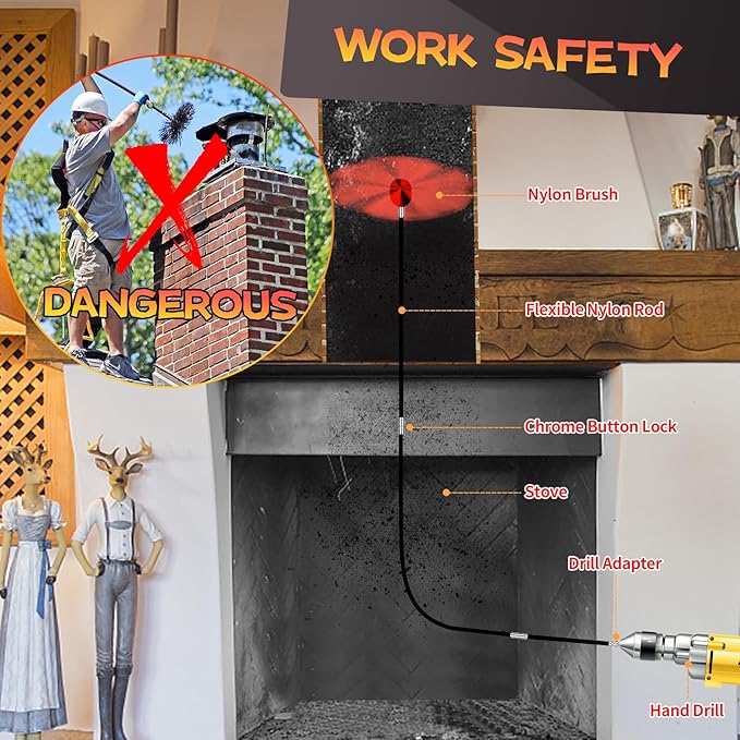 23 Feet Chimney Sweep Kit, Chimney Cleaning Kit with 7 Flexible Black Chimney Rods, Rotary Chimney Cleaning System Driven by Drill for Sweeping Fireplace, Chimney Cleaners with Strong Brush