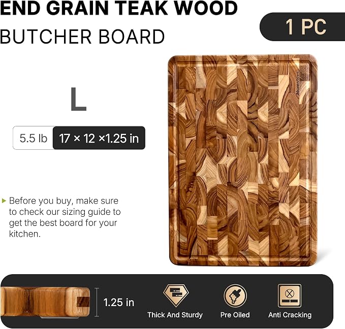 Teak Wood End Grain Cutting Board for Kitchen with Non-slip Feet, Heavy Duty Checkered Cutting Board Upgraded Chopping Board with Juice Groove & Handle Large Wooden Butcher Block with Gift Box