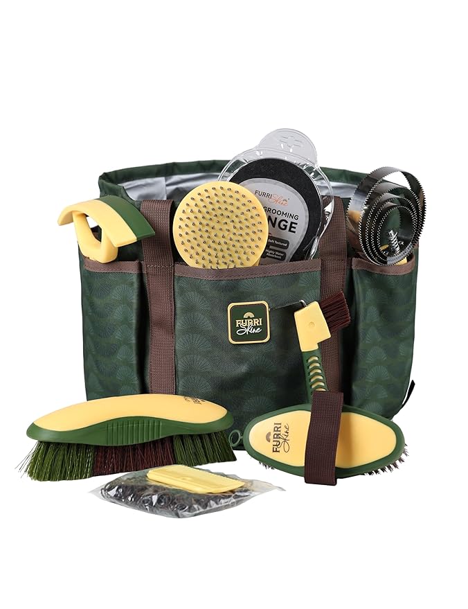 Horse Grooming Kit, 9 Piece Grooming Brush Set with Silicone Curry Comb for Bathing & Shedding Pasture Glow