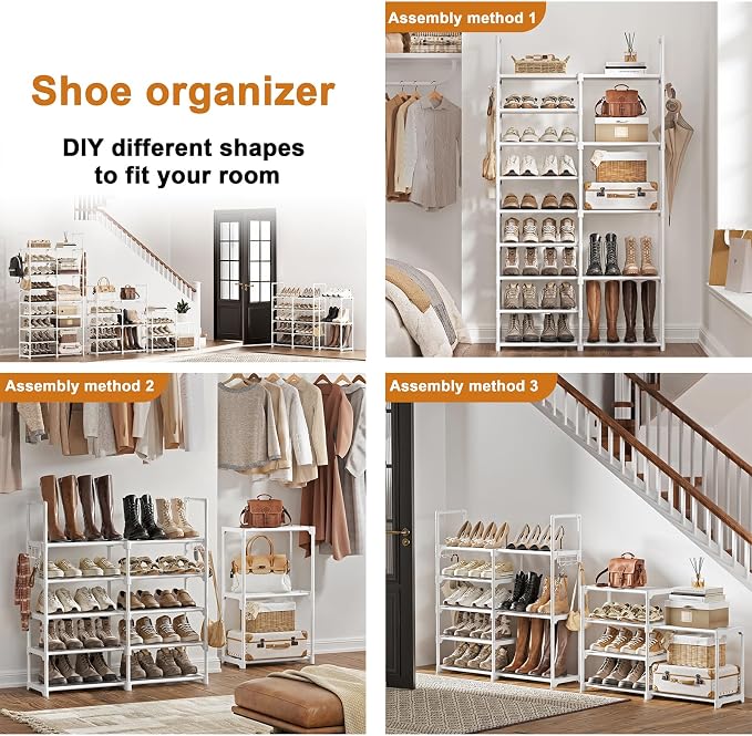 WOWLIVE 9 Tiers White Shoe Rack for Closet Shoe Rack Storage Organizer for Entryway 30-35 Pairs Stackable Shoe Shelf for Front Entrance Metal Pipes with Plastic Connectors