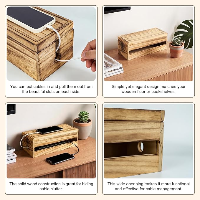 Changsuo Cable Management Box Wooden Cord Organizer Box for Extension Cord Power Stripe Surge Protector Wire Management Concealer Cover Hider for Desktop Home Office Kitchen (Carbonized Brown)
