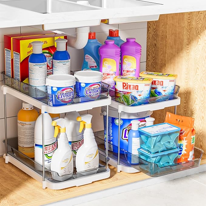 Delamu 2-Tier Multi-Purpose Bathroom Under Sink Organizers and Storage, Stackable Kitchen Pantry Organization, Pull Out Medicine Cabinet Organizer with Movable Dividers, Grey, 4 Pack