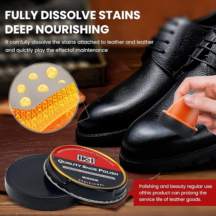IKI Leather Boot Care Kit - Shoe Polish & Shine Kit with Black Shoe Polish, Sponge Applicators, Horsehair Brush, Microfiber Cloth and Wash Bag, Shoe Care Set for Men & Women (Black)