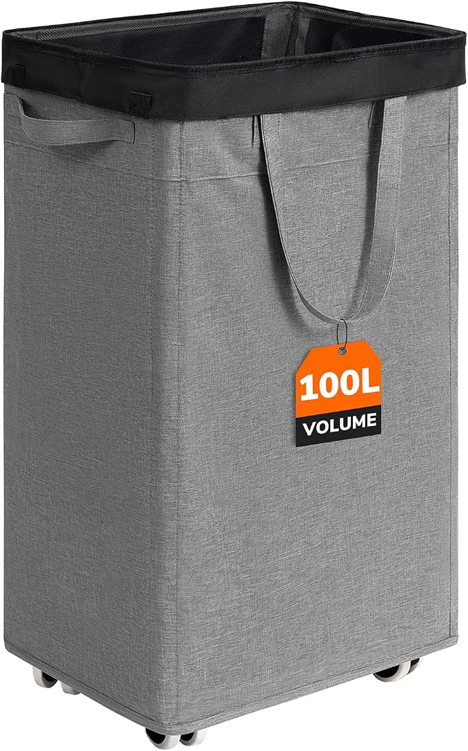 CHICVITA 100L Laundry Basket with Wheels, Slim Laundry Hamper with Removable Wash Bag for Bedroom, Clothes Hampers for College Dorm, Light Grey