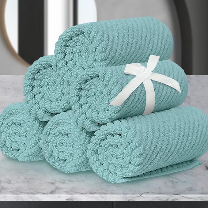 VOOVA & MOVAS Wash Cloths 6PC, 100% Cotton, 13x13 in, Aqua Teal | Thick, Quick Dry, Soft, Absorbent, Luxury Facial Towels, Hand Towels For Shower, Bathroom Essentials