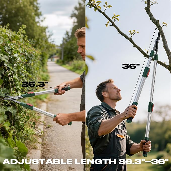 GARTOL 2-Inch Cutting Capacity Bypass Loppers, 26-33" Extendable Tree Branch Cutter, Professional Gear-Driven Labor-Saving Heavy Duty Pruners, Carbon Steel Teflon Blade & Lightweight Aluminum Handles