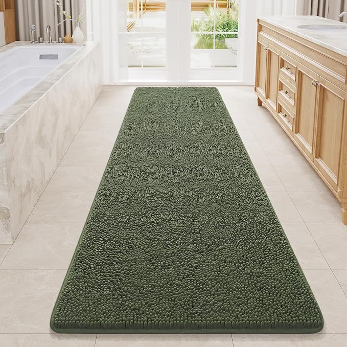 LOCHAS Luxury Bathroom Rug Shaggy Bath Mat 24 x 80 Inch, Olive Green | Washable Non Slip Bath Rugs for Bathroom Shower, Soft Plush Chenille Absorbent Carpets