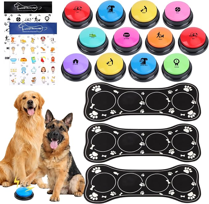 Dog Buttons for Communication,12 Pcs Talking Button Set with 30s Recordable Voice Pet Training Buzzers with 3 Mats & 2 Stickers, Talking Buttons for Dogs & Cats (Batteries Not Included)