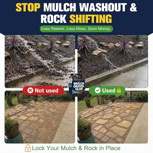 Teexpert Rock Glue for Landscaping: 2 Gallon Dry-Clear Mulch Binder Water-Based Landscape Gravel Adhesive for Pea Gravel, Lock Stones, Rubber Mulch, Wood Chips in Place, Garden Beds, Walkways & Patios