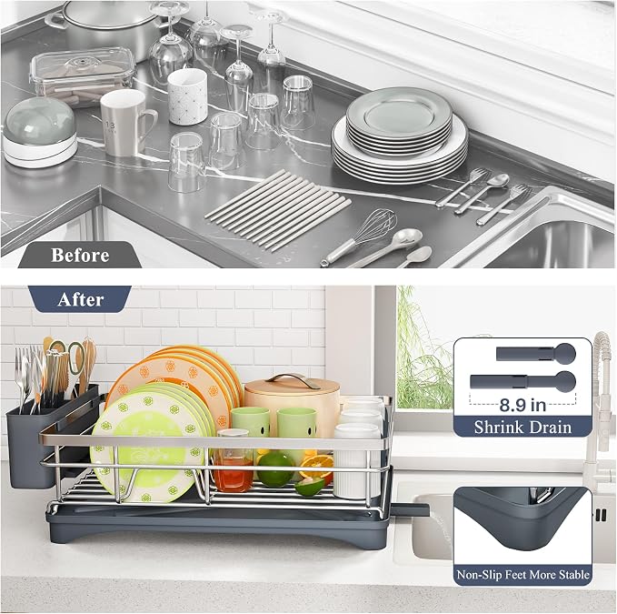 SAYZH Dish Drying Rack for Kitchen Counter with Utensil Holder, Silver | Stainless Steel, Large Capacity, Angled Drainboard, Rotating Spout, Removable to Clean