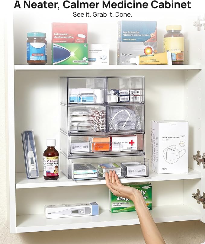 Vtopmart Stackable Storage Drawers Set of 6, Clear Plastic Organizer Bins for Bathroom Supplies, Ideal for Cabinet,Shelf, Pantry, Laundry Room Organization