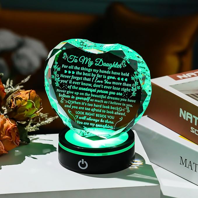 Arikyrist Daughter Gifts from Mom Birthday Gifts Ideas for Daughter Crystal Heart Keepsakes with LED Light Base Glass Meaningful Presents for Best Daughters on Christmas Graduation